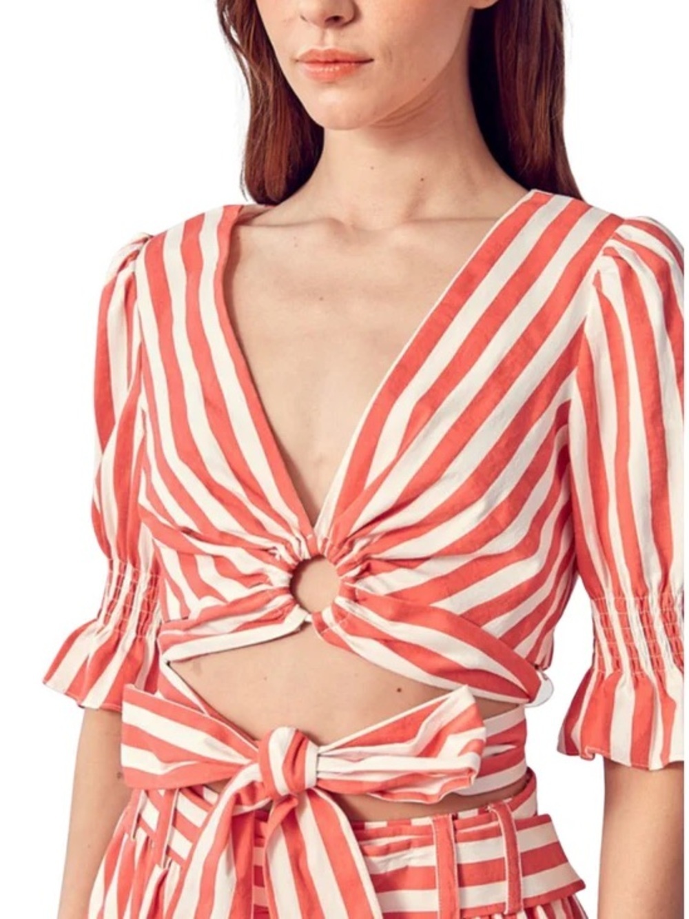 DO+BE red & White Stripe Tie-Front Crop Top small